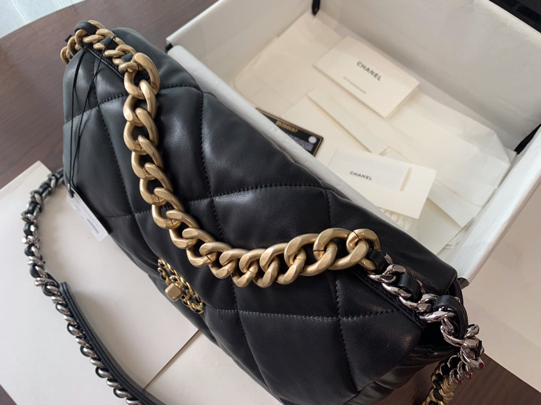 19 FLAP BAG 30 BLACK GOATSKIN GOLD HARDWARE - 图片 2