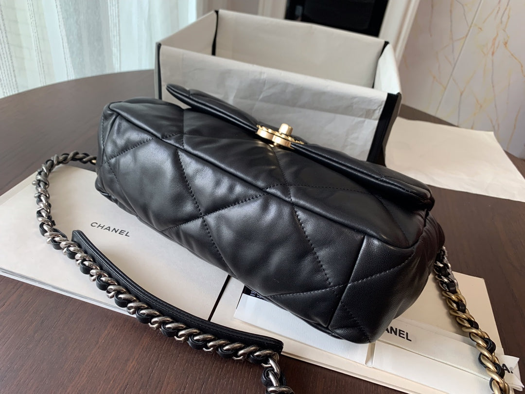 19 FLAP BAG 30 BLACK GOATSKIN GOLD HARDWARE - 图片 8
