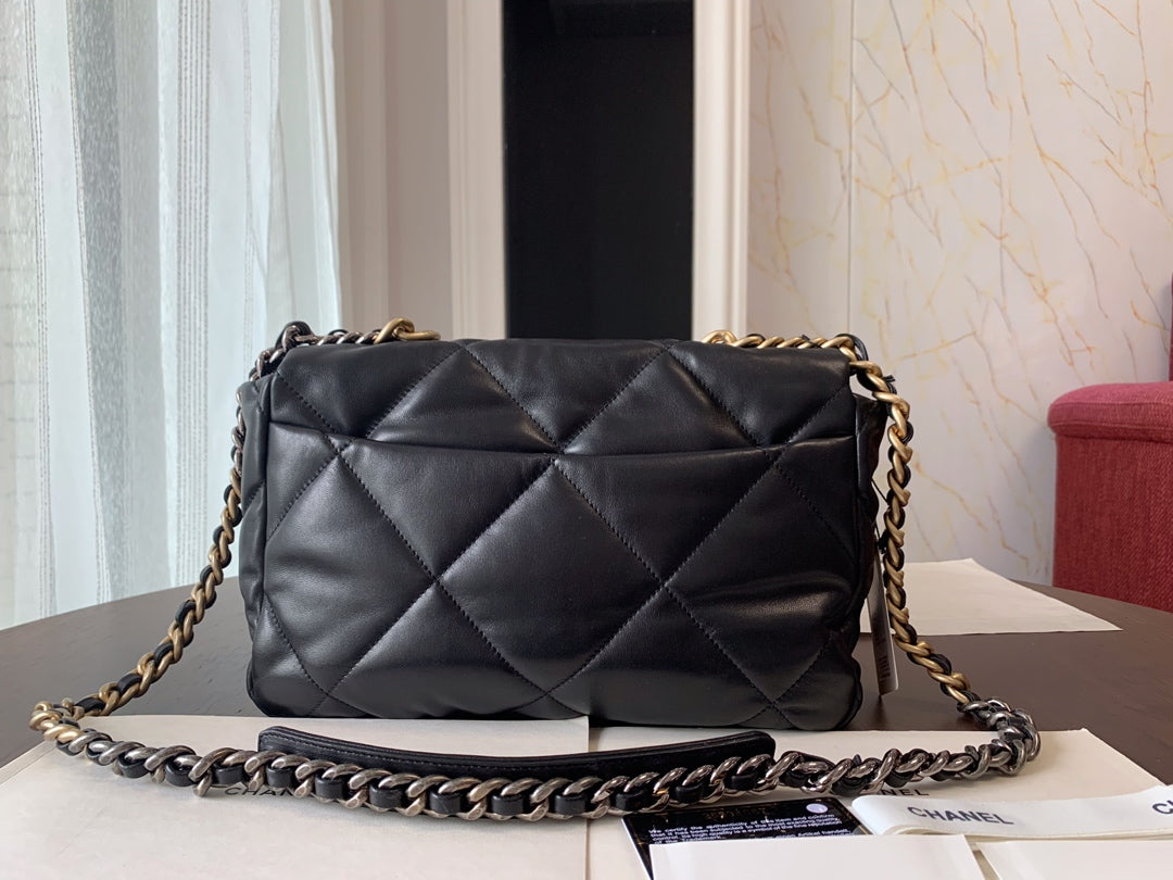 19 FLAP BAG 30 BLACK GOATSKIN GOLD HARDWARE - 图片 5