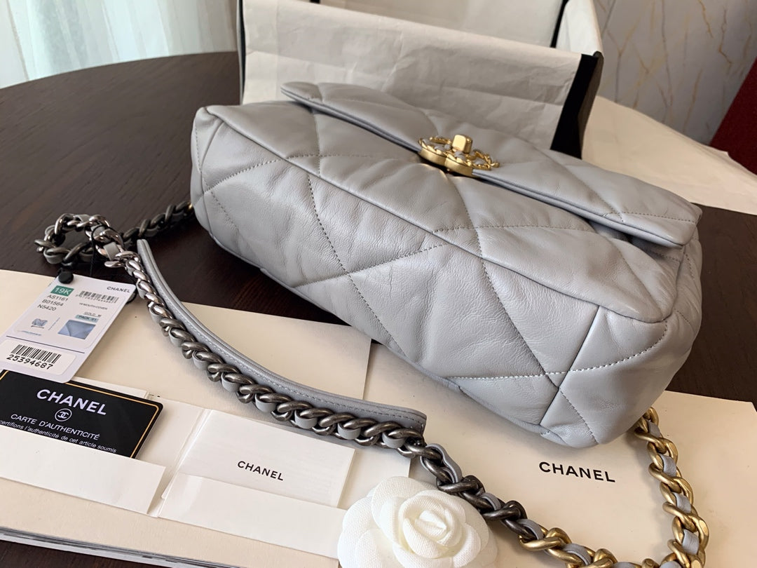 19 FLAP BAG 30 GREY GOATSKIN GOLD HARDWARE - 图片 3