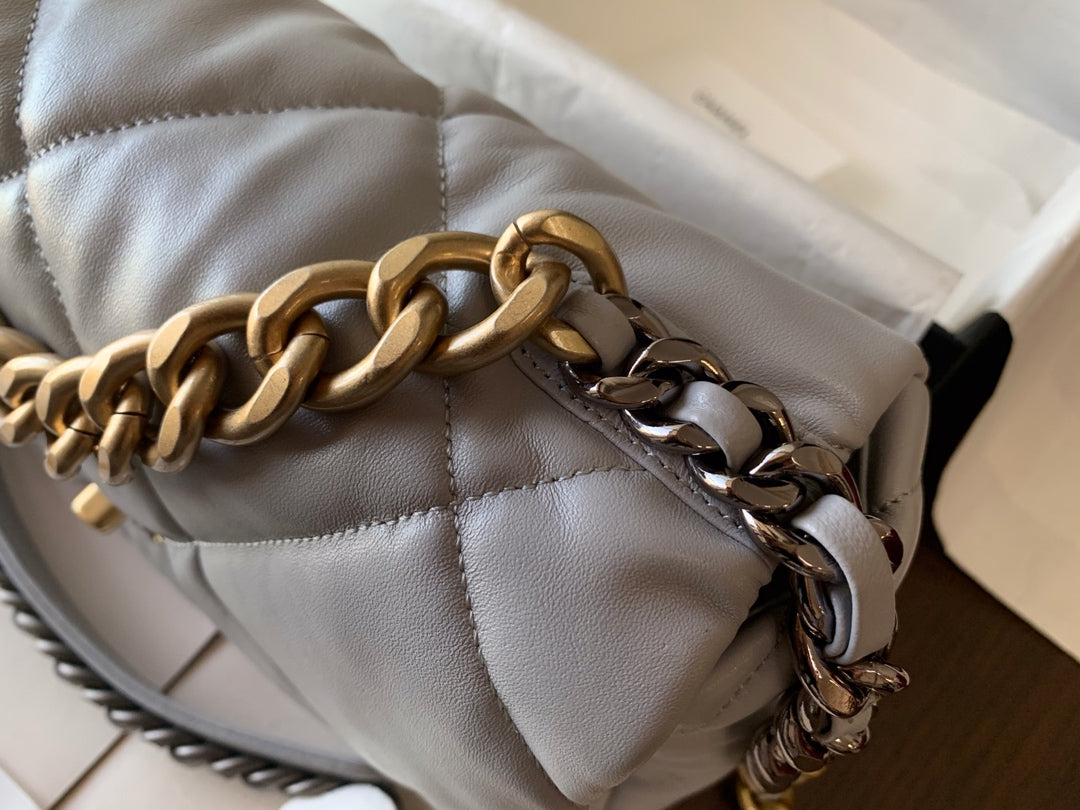 19 FLAP BAG 30 GREY GOATSKIN GOLD HARDWARE - 图片 4