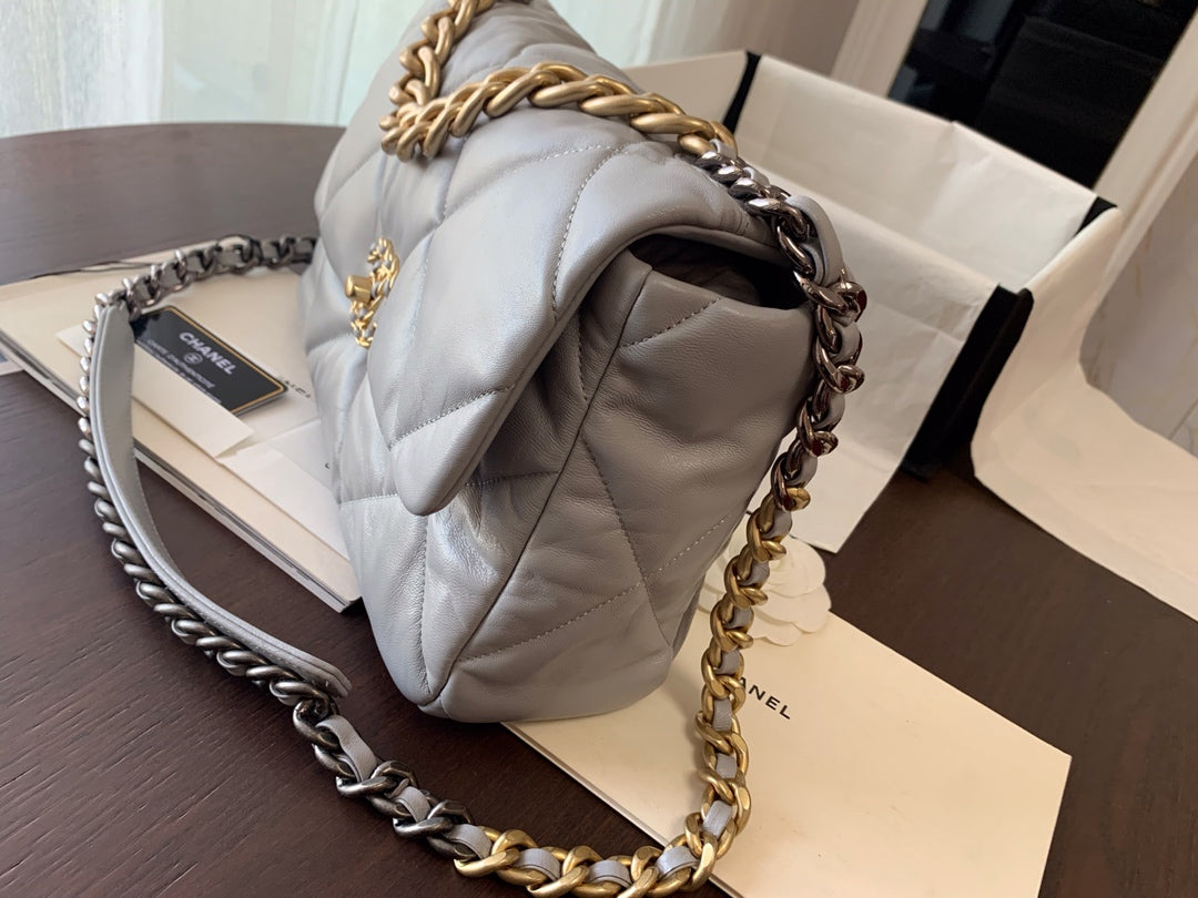 19 FLAP BAG 30 GREY GOATSKIN GOLD HARDWARE - 图片 5