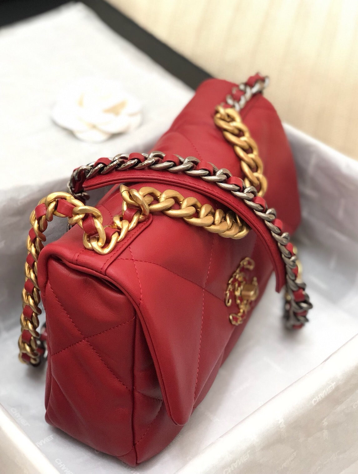 19 FLAP BAG 26 RED LAMBSKIN GOLD HARDWARE - 图片 6