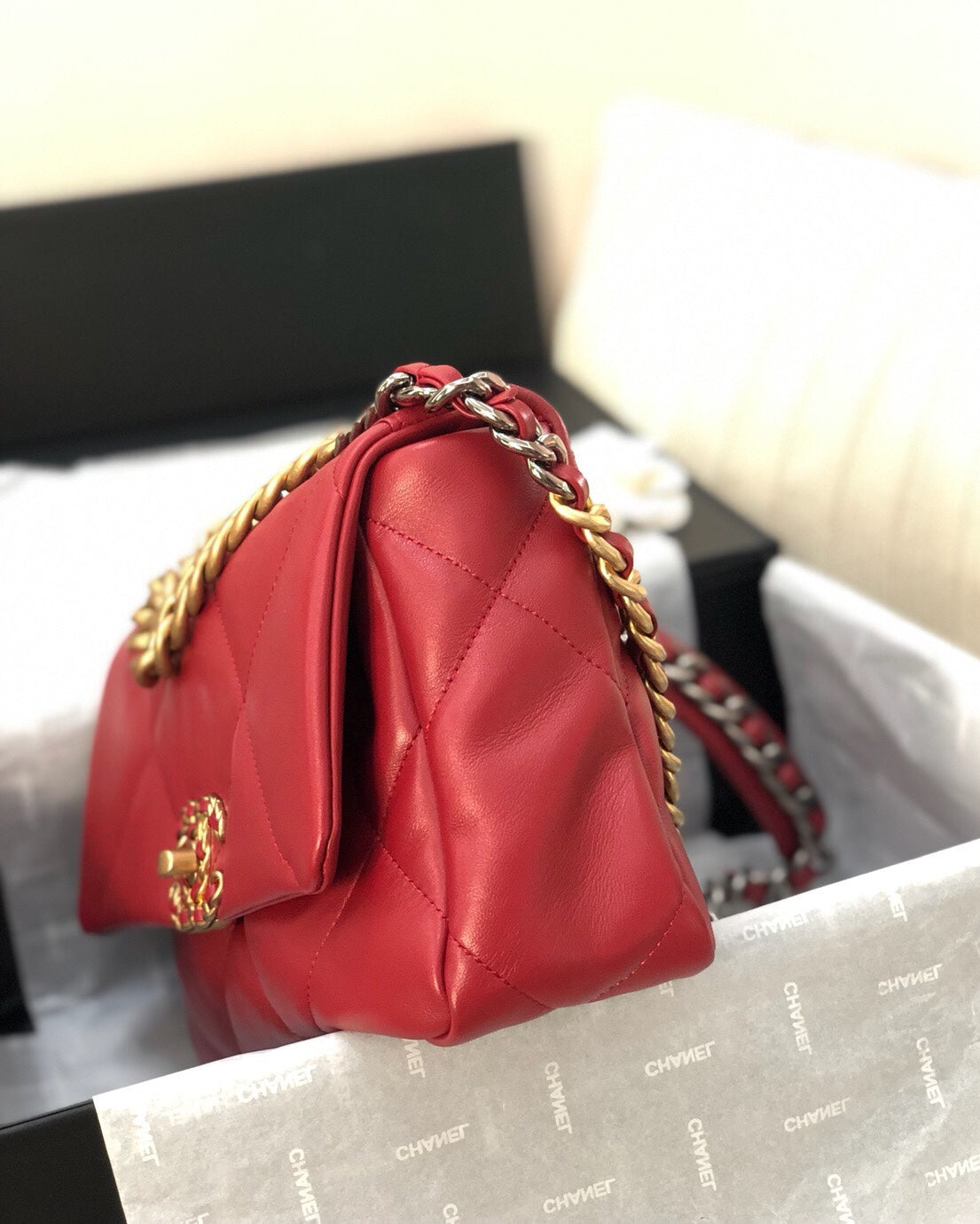 19 FLAP BAG 26 RED LAMBSKIN GOLD HARDWARE - 图片 7