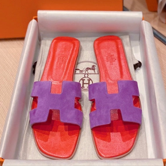 0RAN SANDALS IN VIOLET PURPLE SUEDE AND CHERRY RED CALFSKIN