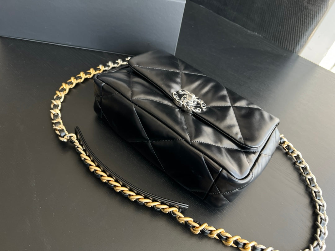 19 FLAP BAG 30 BLACK GOATSKIN RUTHENIUM HARDWARE - 图片 2
