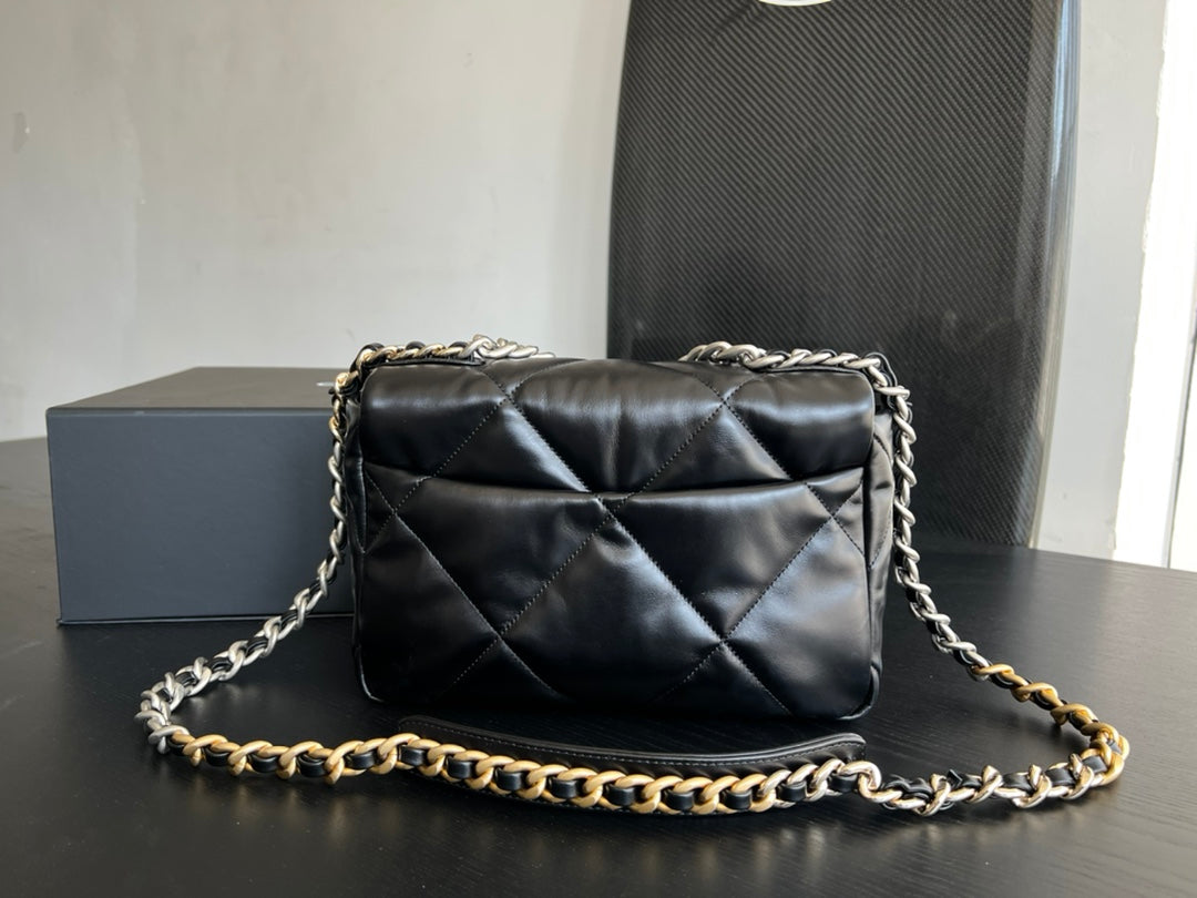 19 FLAP BAG 30 BLACK GOATSKIN RUTHENIUM HARDWARE - 图片 4
