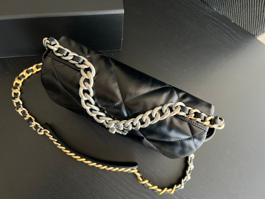 19 FLAP BAG 30 BLACK GOATSKIN RUTHENIUM HARDWARE - 图片 5