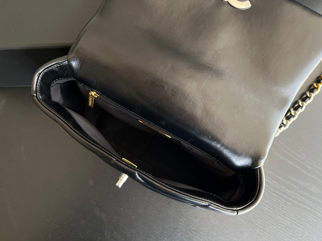 19 FLAP BAG 30 BLACK GOATSKIN RUTHENIUM HARDWARE - 图片 7