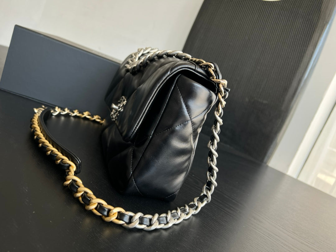 19 FLAP BAG 30 BLACK GOATSKIN RUTHENIUM HARDWARE - 图片 8