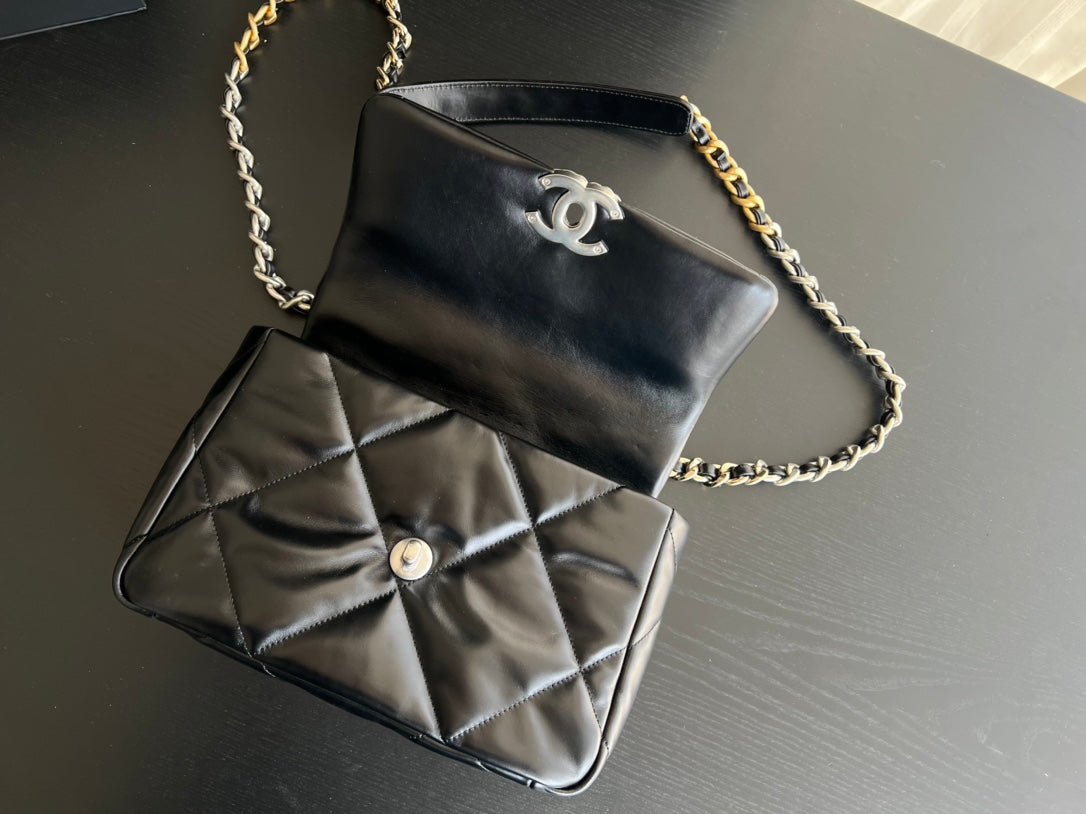 19 FLAP BAG 30 BLACK GOATSKIN RUTHENIUM HARDWARE - 图片 9