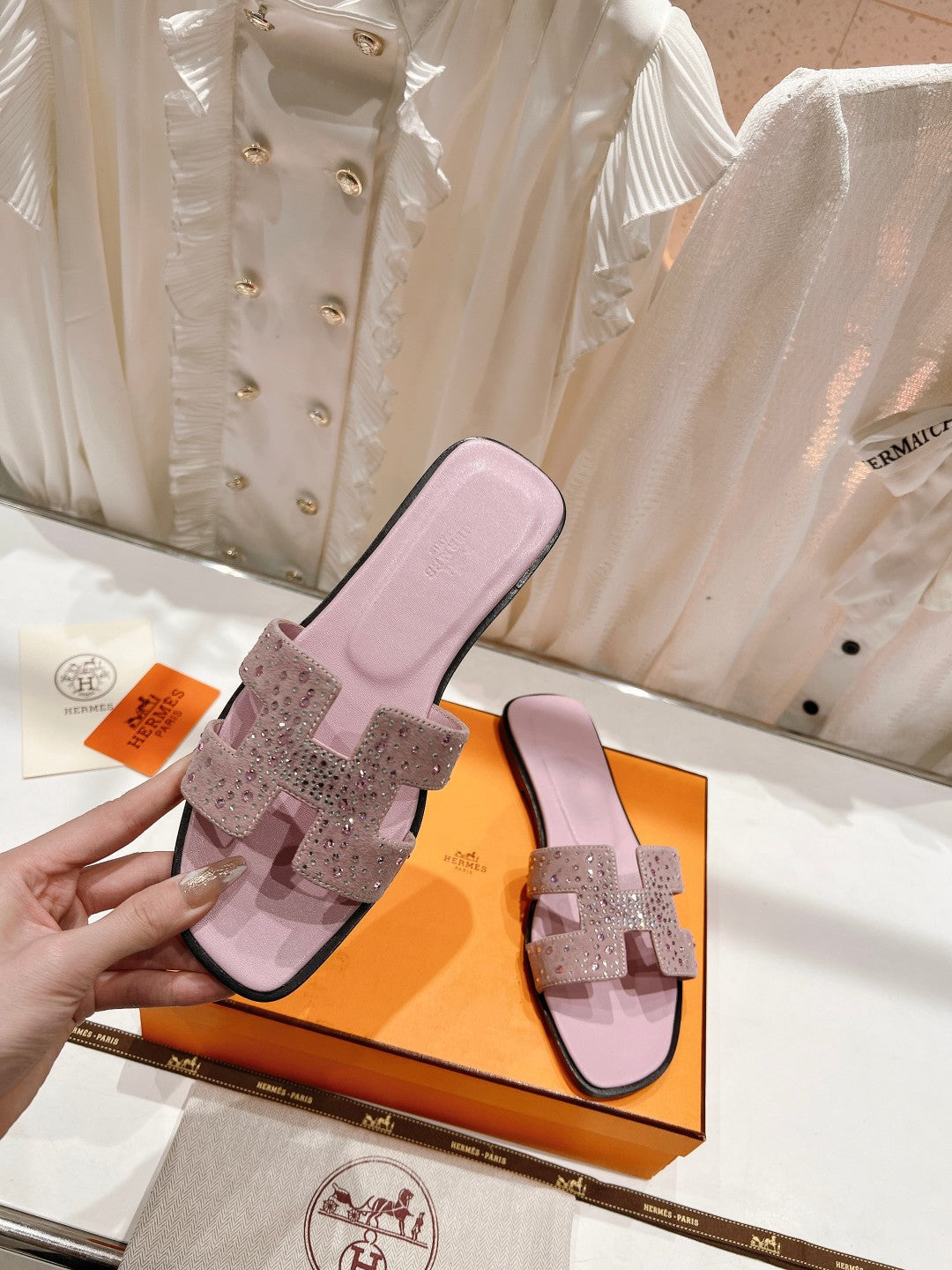0RAN SANDALS PASTEL PINK LAMBSKIN ATTACH CRYSTAL - 图片 3